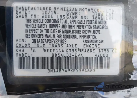 2014 Nissan Sentra Sv z USA, uszkodzony, nr VIN 3N1AB7APXEY321823